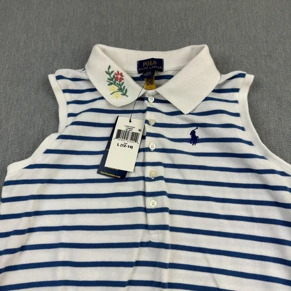 Polo Ralph Lauren Girls Large 12-14 White Blue‎ Striped 100% Cotton Mesh Romper